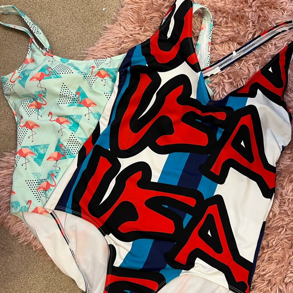 Ultimate 80s vibes Flamingo & Stephen Sprouse Graffiti One Piece Swimsuit Sz L